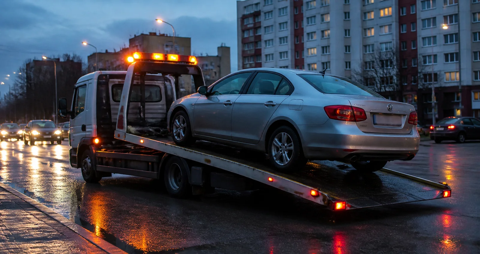 Odťahové vozidlo s oranžovým majákom nakladá osobné auto na sklopnú plošinu na mestskej ulici