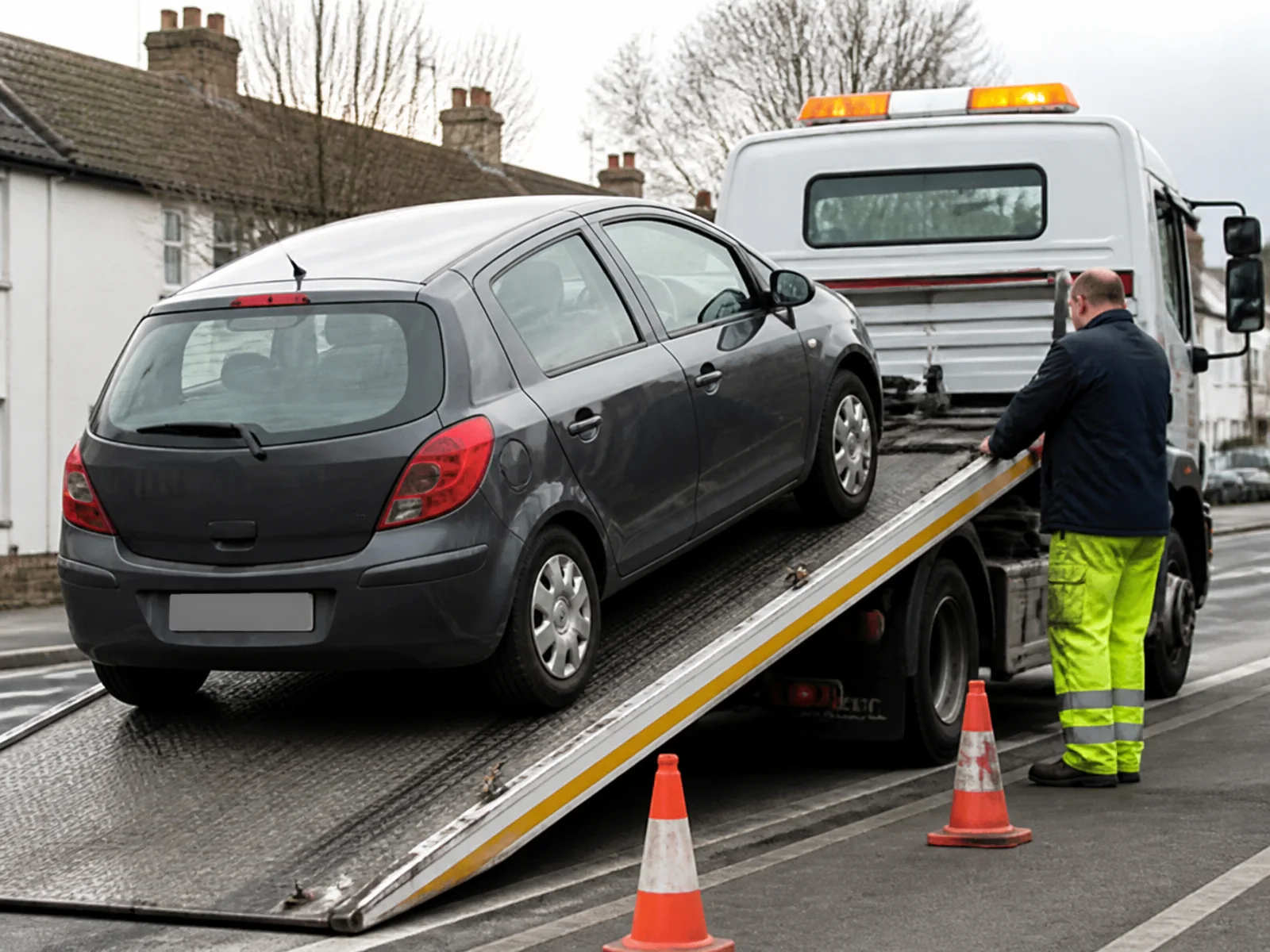 Osobné auto sa navíja na naklonenú plošinu odťahovky