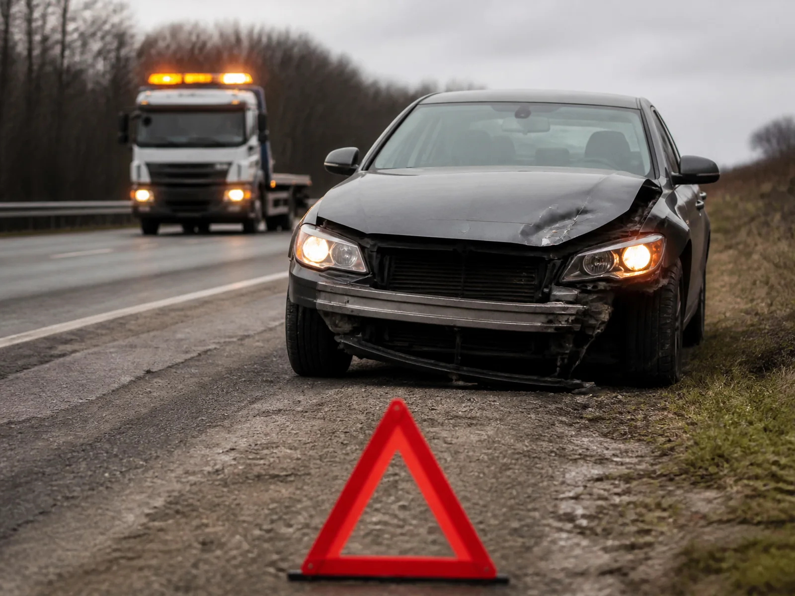 Poškodené auto odstavené na krajnici za výstražným trojuholníkom