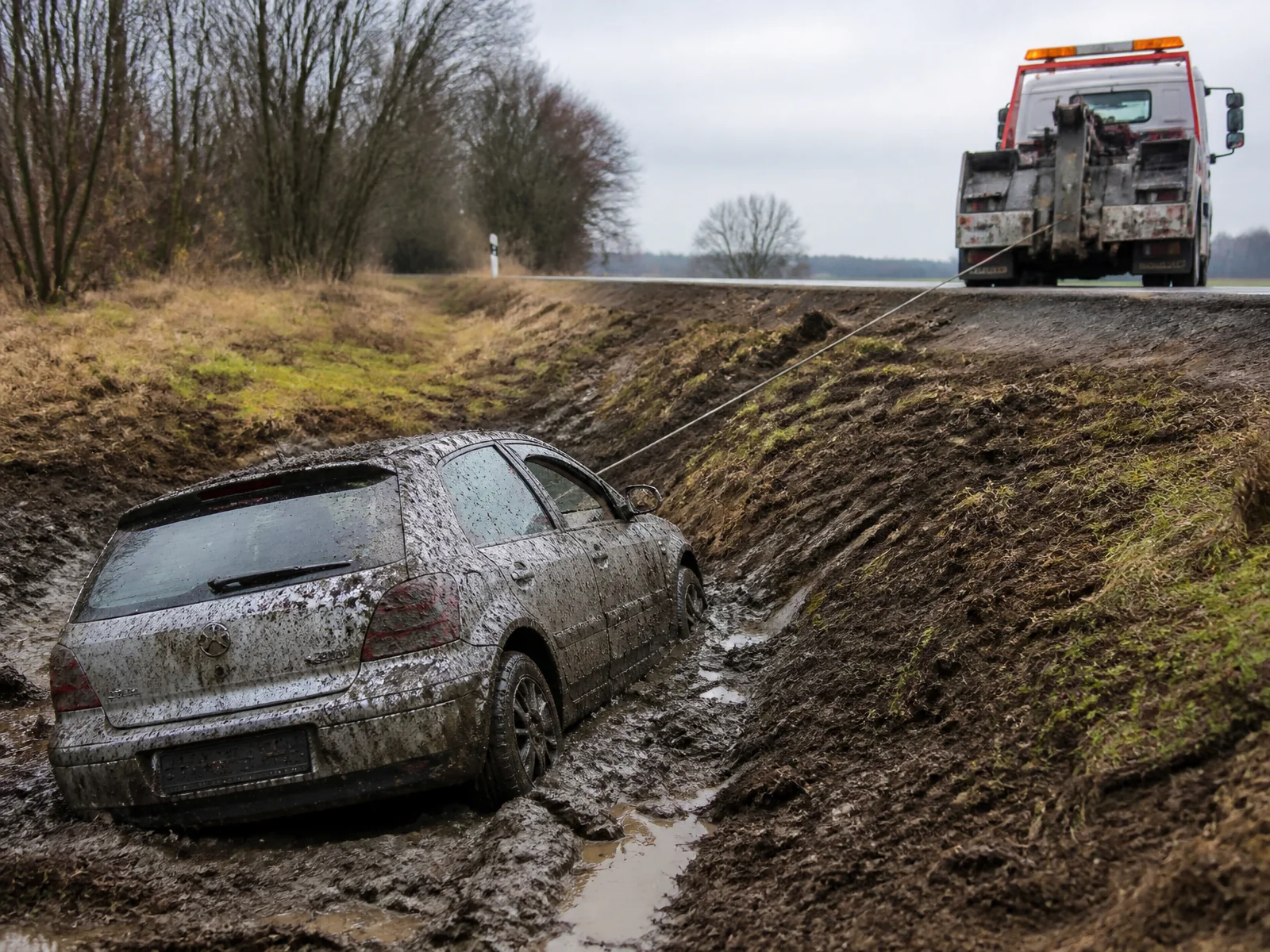 Auto zapadnuté v blatistej priekope sa vyťahuje lanom navijaka